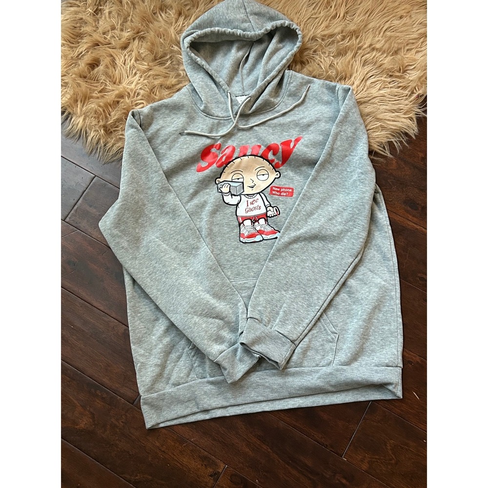 Stewie Griffin Saucy Hoodie‎ I See Ghosts New Phone Who Dis Cartoon Graphic